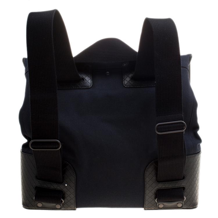 Pre Owned Bottega Veneta Navy Blue/Black Canvas and Intrecciato Leather Backpack 