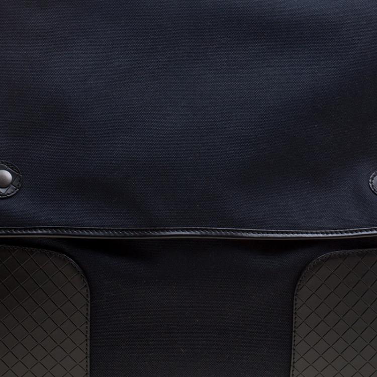 Pre Owned Bottega Veneta Navy Blue/Black Canvas and Intrecciato Leather Backpack 