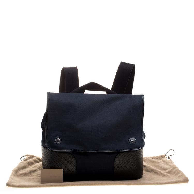 Pre Owned Bottega Veneta Navy Blue/Black Canvas and Intrecciato Leather Backpack 