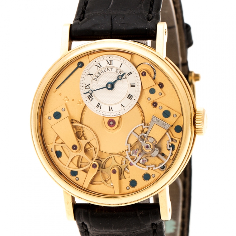 Pre Owned  Breguet Silver 18K Yellow Gold Leather Tradition 7027 Men's Wristwatch 38 mm