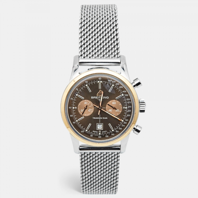 Pre Owned Breitling Brown 18k Rose Gold Stainless Steel Transocean U4131012 Men's Wristwatch 38 mm