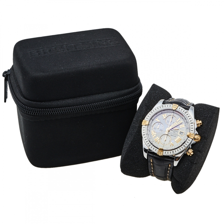 Pre Owned Breitling White 18K Yellow Gold Stainless Steel Leather Chronomat Evolution B13356 Men's Wristwatch 44 mm