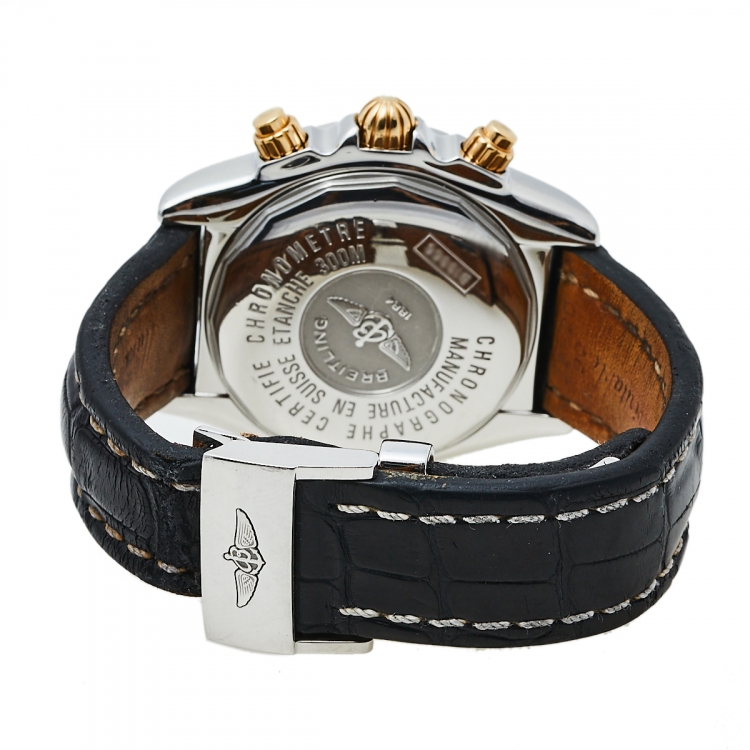 Pre Owned Breitling White 18K Yellow Gold Stainless Steel Leather Chronomat Evolution B13356 Men's Wristwatch 44 mm