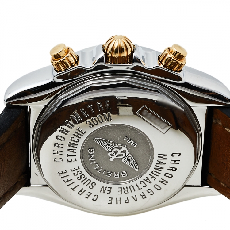 Pre Owned Breitling White 18K Yellow Gold Stainless Steel Leather Chronomat Evolution B13356 Men's Wristwatch 44 mm