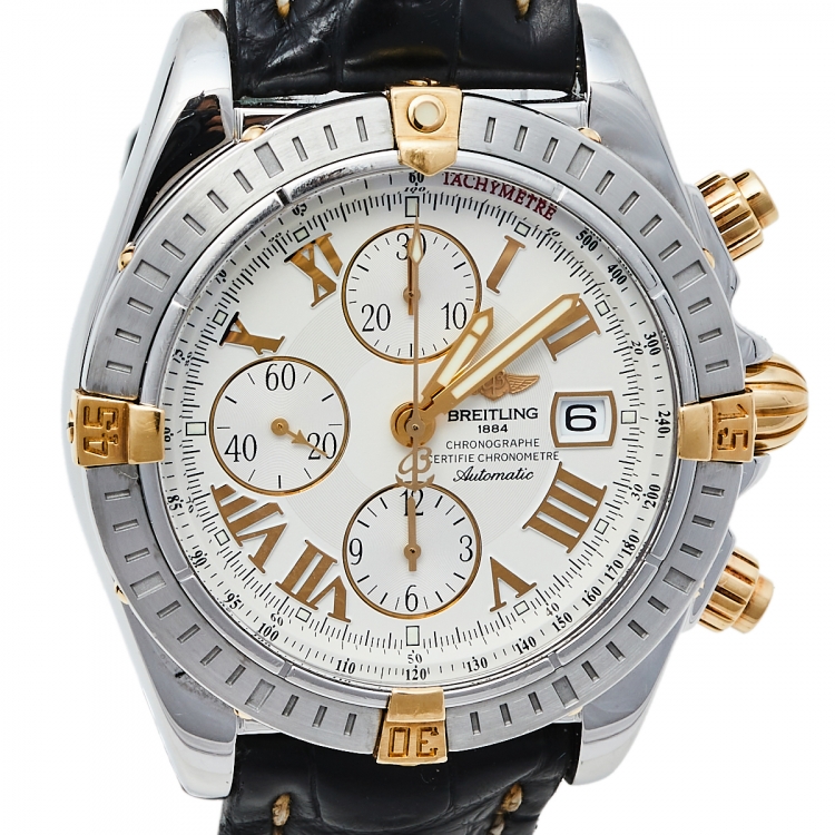 Pre Owned Breitling White 18K Yellow Gold Stainless Steel Leather Chronomat Evolution B13356 Men's Wristwatch 44 mm
