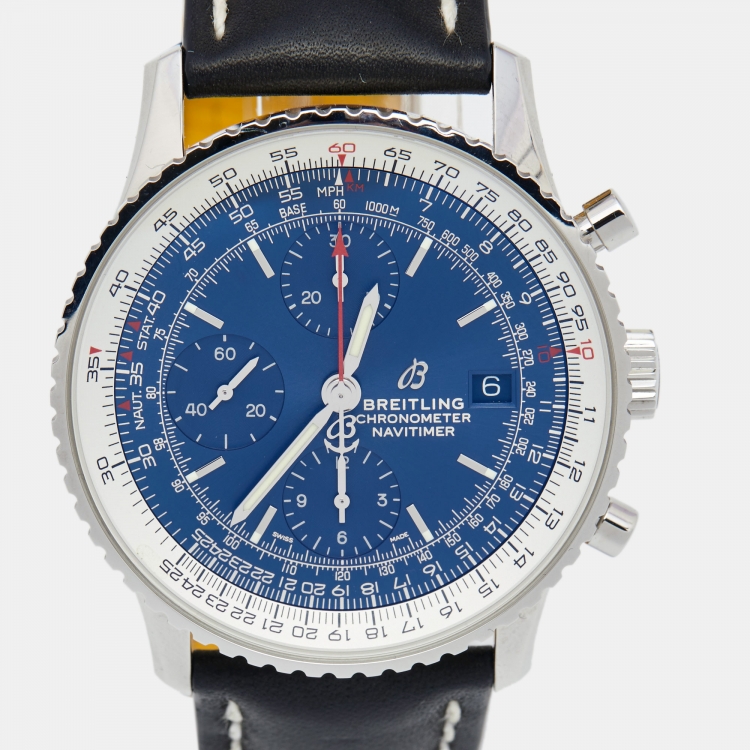 Pre Owned Breitling Blue Stainless Steel Calfskin Navitimer A13324121C1X1 Men's Wristwatch 41 mm 