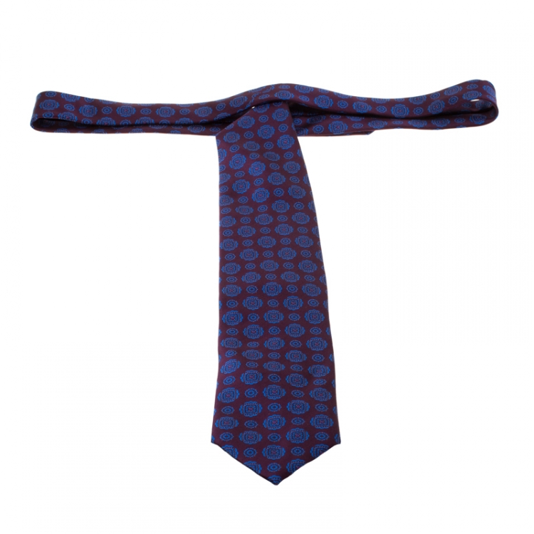 Pre Owned Brioni Burgundy and Blue Floral Motif Printed Silk Tie