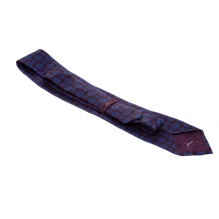 Pre Owned Brioni Burgundy and Blue Floral Motif Printed Silk Tie