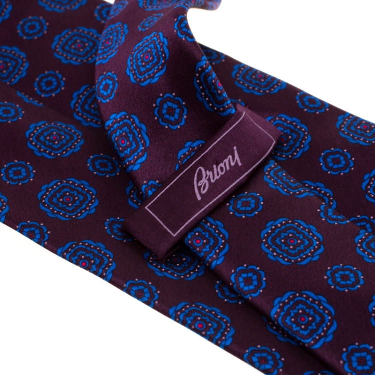 Pre Owned Brioni Burgundy and Blue Floral Motif Printed Silk Tie