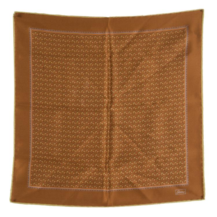 Pre Owned Brioni Brown Printed Silk Pocket Square