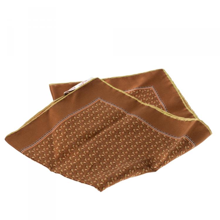 Pre Owned Brioni Brown Printed Silk Pocket Square
