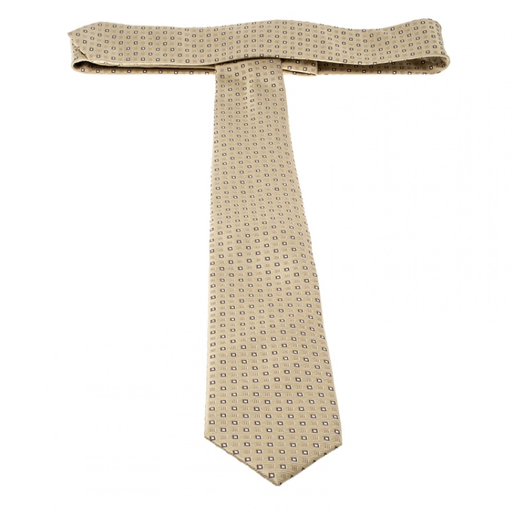 Pre Owned Brioni Cream Mini Square Pattern Silk Jacquard Tie