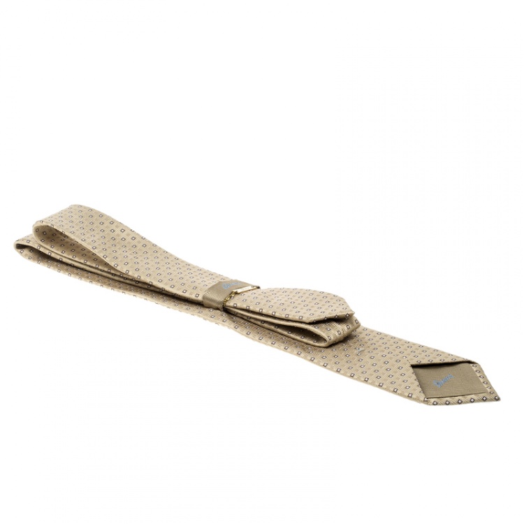 Pre Owned Brioni Cream Mini Square Pattern Silk Jacquard Tie
