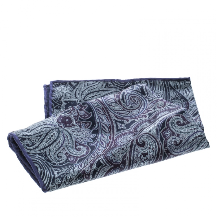 Pre Owned Brioni Navy Blue Paisley Printed Silk Pocket Square
