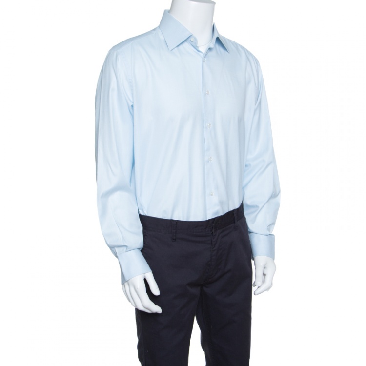 Pre Owned Brioni Light Blue Cotton Herringbone Pattern Long Sleeve Button Front Shirt 2XL