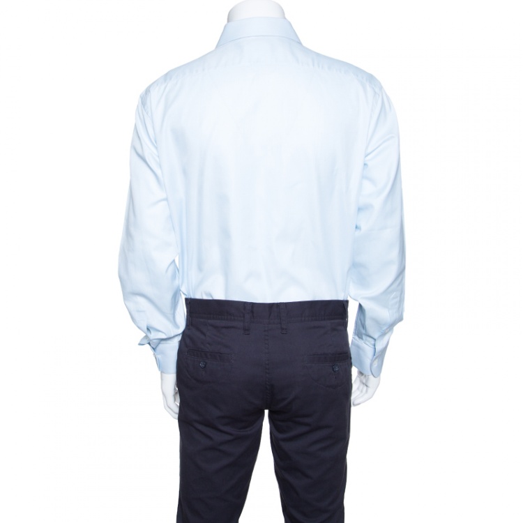Pre Owned Brioni Light Blue Cotton Herringbone Pattern Long Sleeve Button Front Shirt 2XL