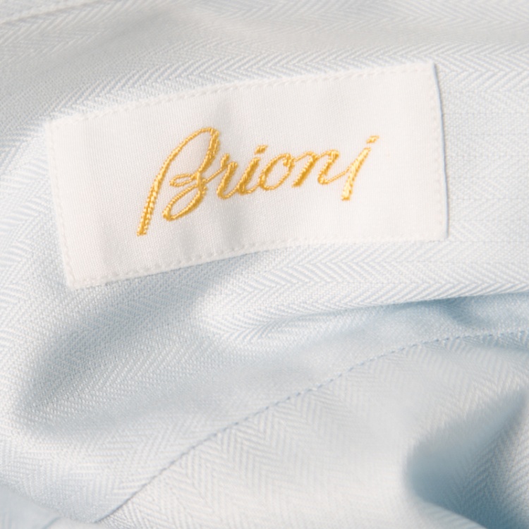 Pre Owned Brioni Light Blue Cotton Herringbone Pattern Long Sleeve Button Front Shirt 2XL