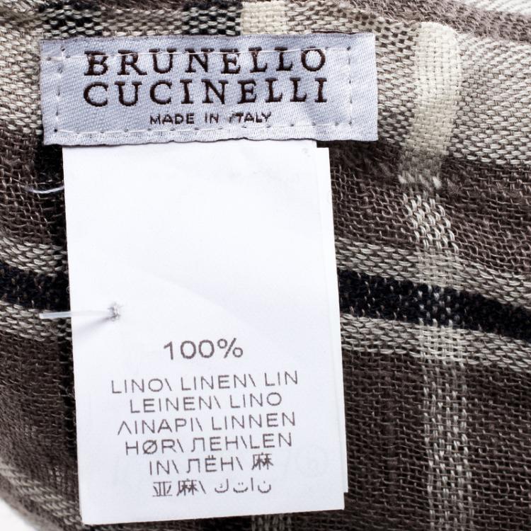 Pre Owned Brunello Cucinelli Brown Contrast Striped and Checked Linen Scarf