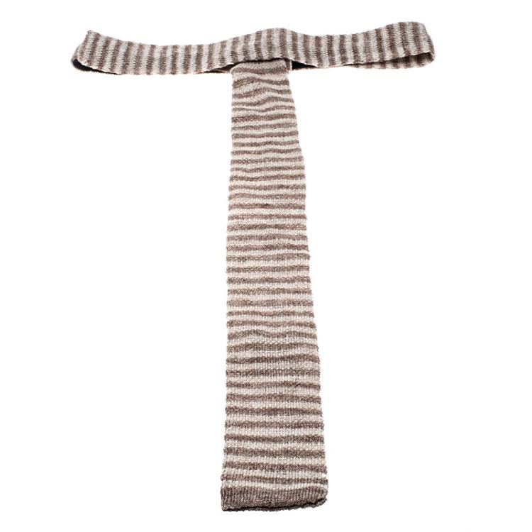 Pre Owned Brunello Cucinelli Brown Striped Linen Knit Flat Bottom Skinny Tie