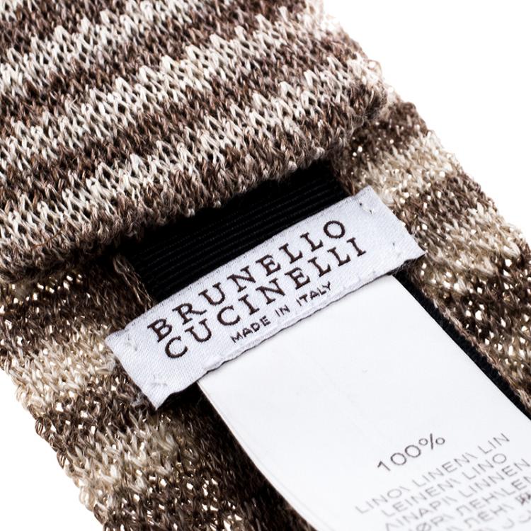 Pre Owned Brunello Cucinelli Brown Striped Linen Knit Flat Bottom Skinny Tie