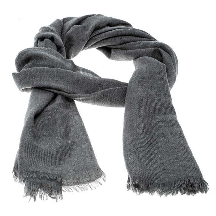 Pre Owned Brunello Cucinelli Grey Cashmere Cotton Fringed Edge Scarf