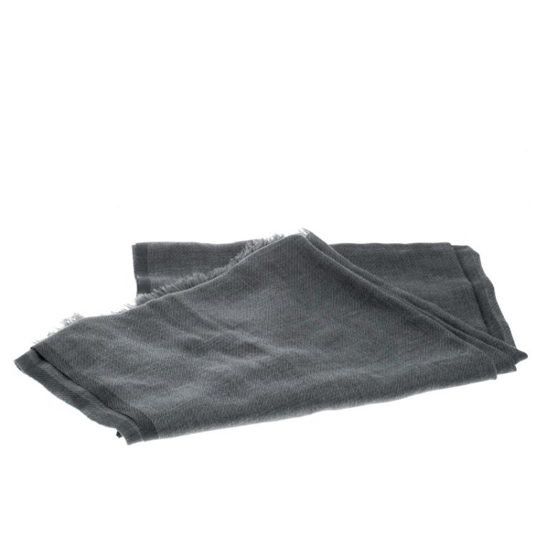Pre Owned Brunello Cucinelli Grey Cashmere Cotton Fringed Edge Scarf
