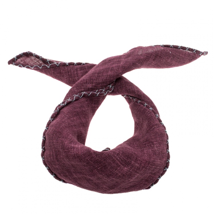 Pre Owned Brunello Cucinelli Burgundy Cross Stitch Detail Linen Pocket Square