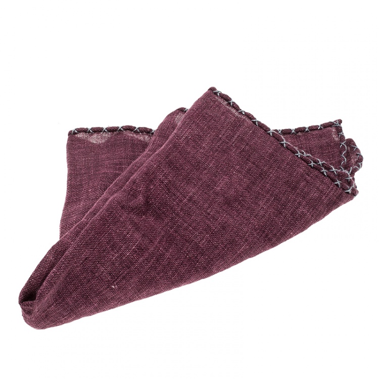 Pre Owned Brunello Cucinelli Burgundy Cross Stitch Detail Linen Pocket Square