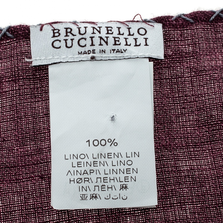Pre Owned Brunello Cucinelli Burgundy Cross Stitch Detail Linen Pocket Square