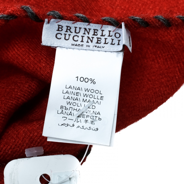 Pre Owned Brunello Cucinelli Brick Red Wool Contrast Whip Stitch Edged Pocket Square