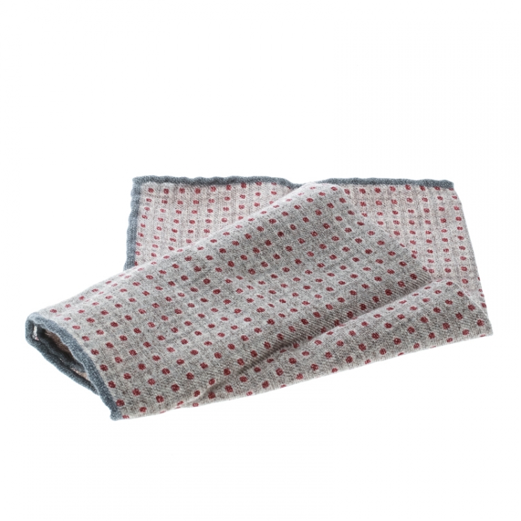 Pre Owned Brunello Cucinelli Grey Wool Contrast Dot Printed Pocket Square