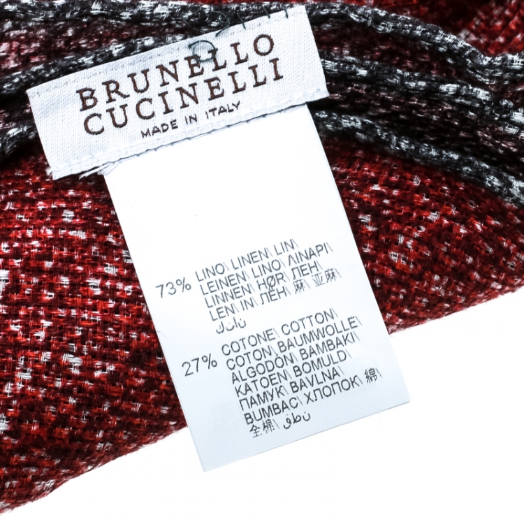 Pre Owned Brunello Cucinelli Red and Grey Reversible Printed Linen Pocket Square