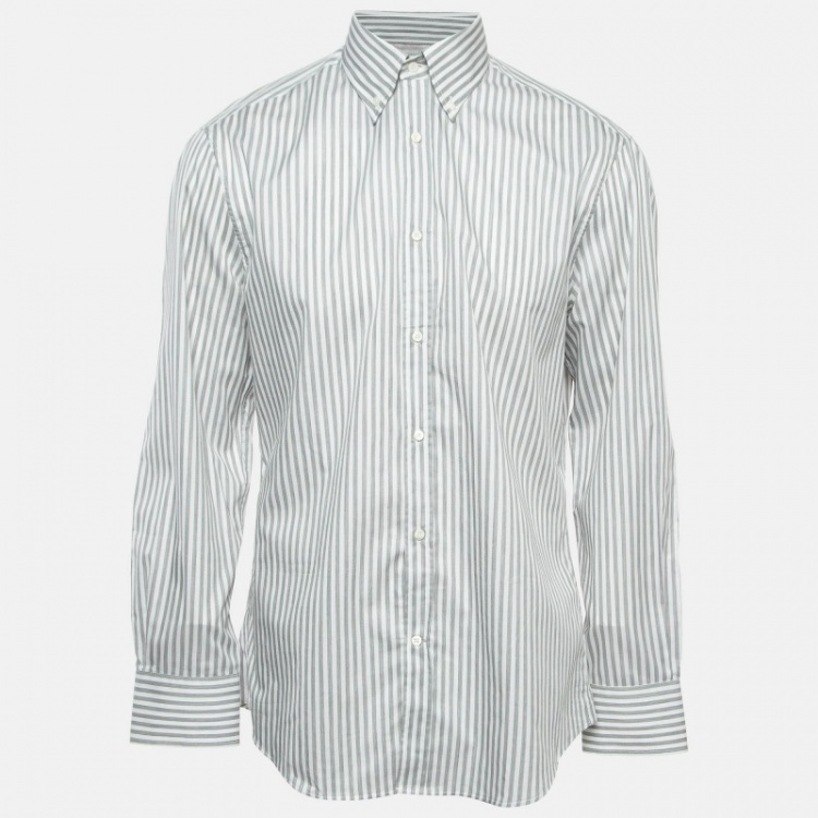 Pre Owned Brunello Cucinelli Grey Striped Cotton Slim Fit Shirt XL