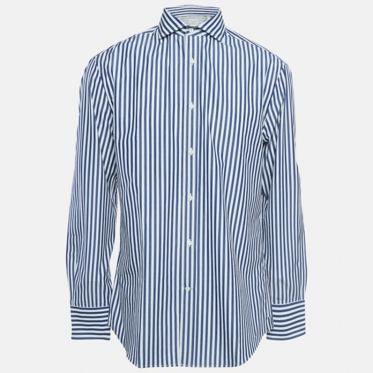 Pre Owned Brunello Cucinelli White/Blue Pinstripe Cotton Slim Fit Shirt XL   