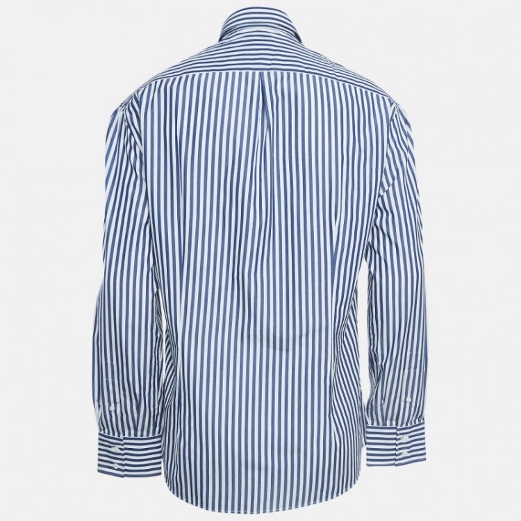 Pre Owned Brunello Cucinelli White/Blue Pinstripe Cotton Slim Fit Shirt XL   