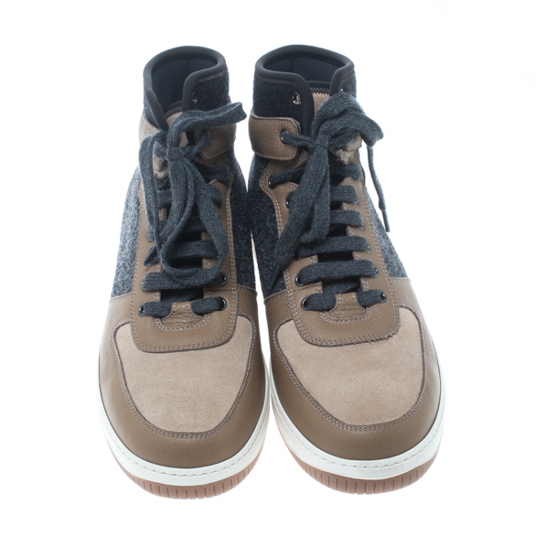 Pre Owned Brunello Cucinelli Beige/Grey Leather and Felt Fabric Lace Up Sneakers Size 44