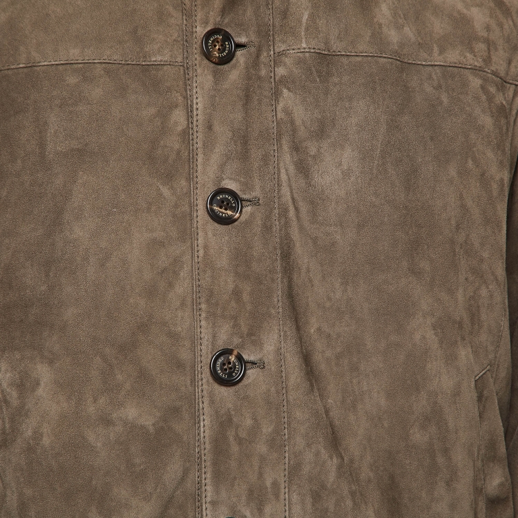Pre Owned Brunello Cucinelli Brown Ribbed Trim Suede Buttoned Jacket M