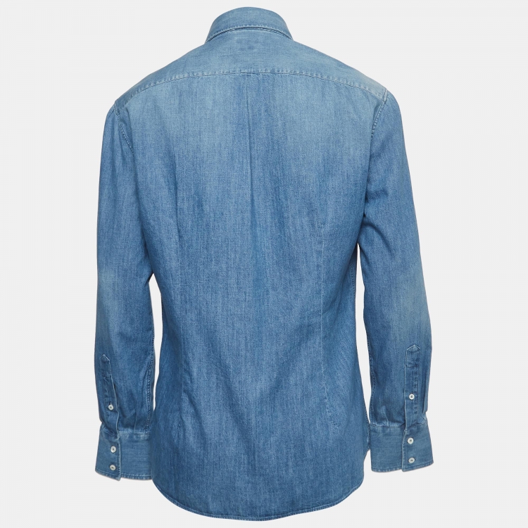 Pre Owned Brunello Cucinelli Blue Washed Denim Buttoned Up Shirt XL