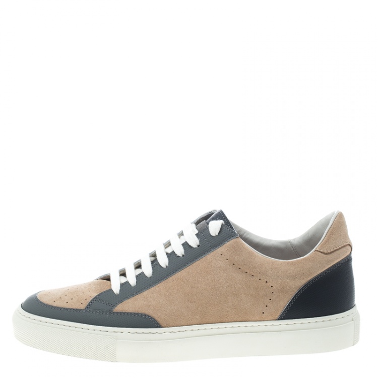 Pre Owned Brunello Cucinelli Beige/Grey Suede and Leather Lace Up Sneakers Size 41