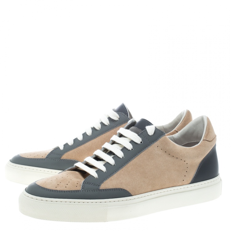 Pre Owned Brunello Cucinelli Beige/Grey Suede and Leather Lace Up Sneakers Size 41