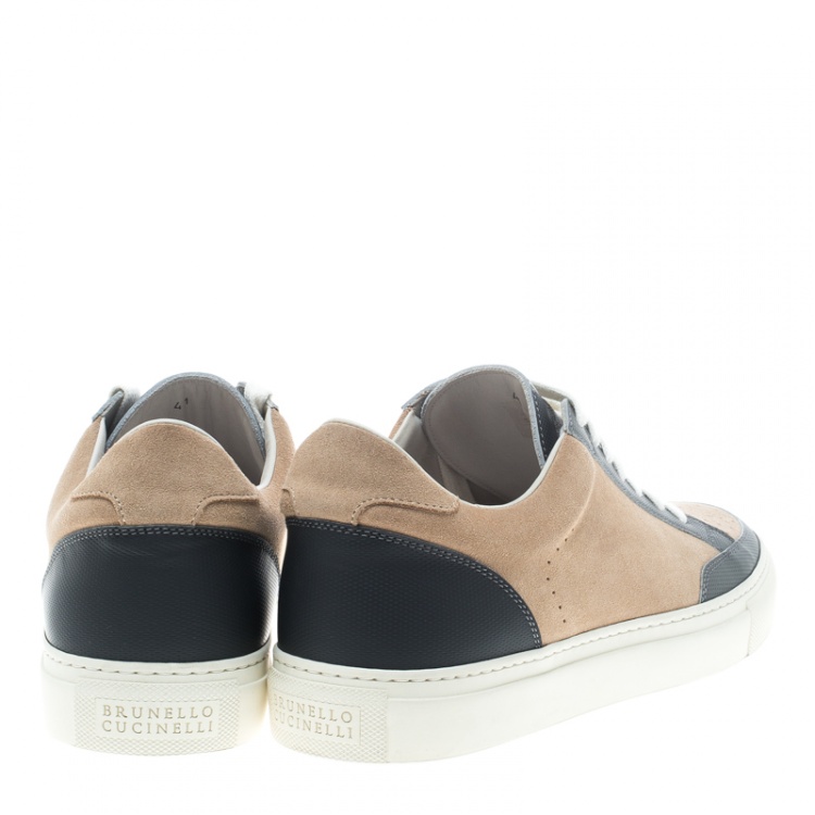 Pre Owned Brunello Cucinelli Beige/Grey Suede and Leather Lace Up Sneakers Size 41