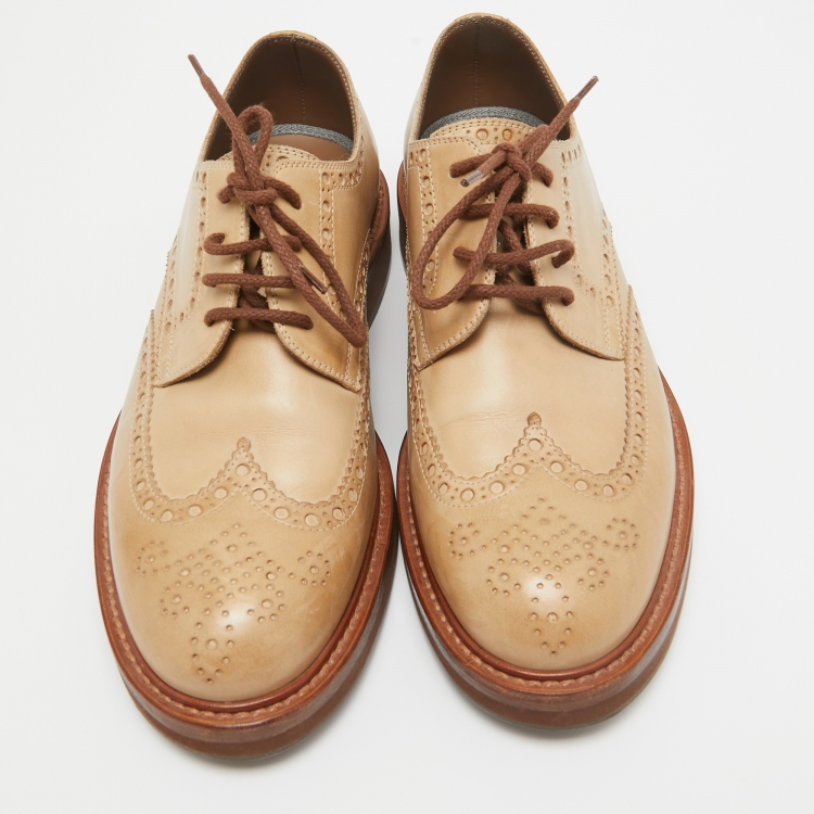 Pre Owned Brunello Cucinelli Light Brown Leather Lace Up Oxfords Size 40.5