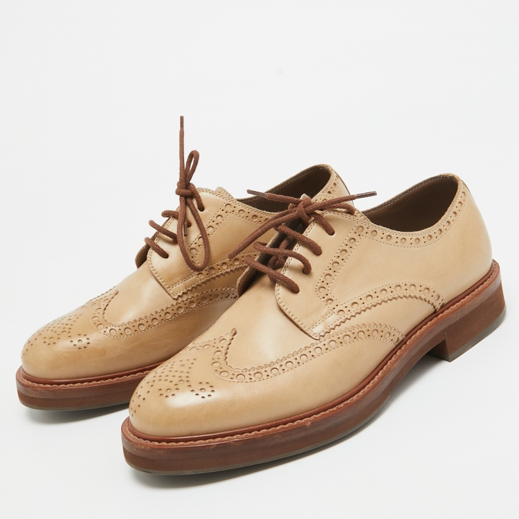 Pre Owned Brunello Cucinelli Light Brown Leather Lace Up Oxfords Size 40.5