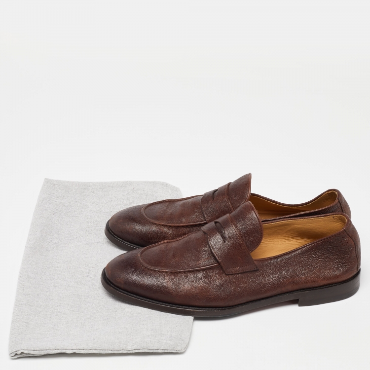 مملوكة مسبقًا Brunello Cucinelli Brown Leather Penny Slip On Loafers Size 42