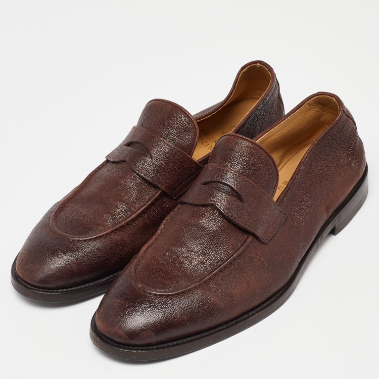 مملوكة مسبقًا Brunello Cucinelli Brown Leather Penny Slip On Loafers Size 42