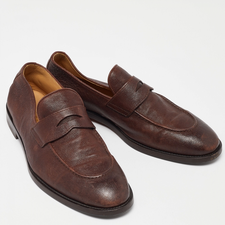 مملوكة مسبقًا Brunello Cucinelli Brown Leather Penny Slip On Loafers Size 42