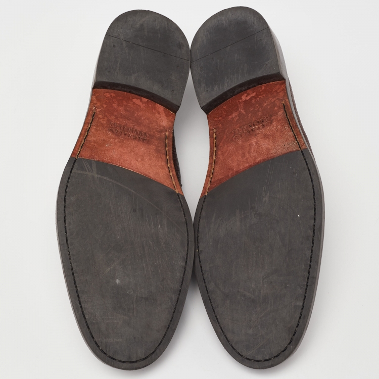 مملوكة مسبقًا Brunello Cucinelli Brown Leather Penny Slip On Loafers Size 42