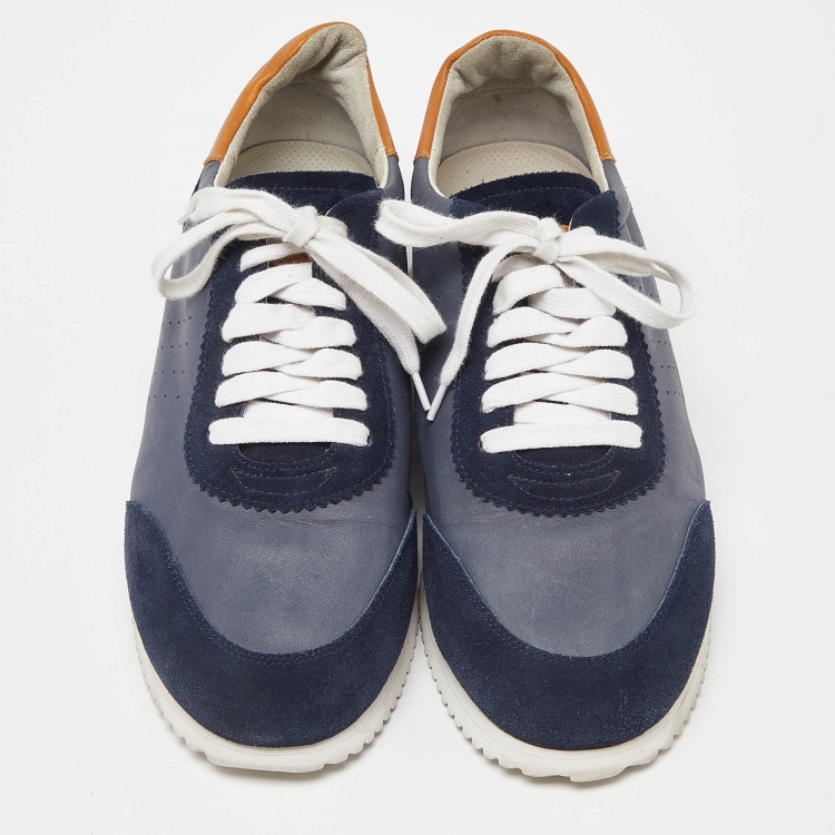 Pre Owned Brunello Cucinelli Blue/Tan Suede and Leather Low Top Sneakers Size 42