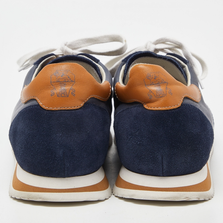 Pre Owned Brunello Cucinelli Blue/Tan Suede and Leather Low Top Sneakers Size 42