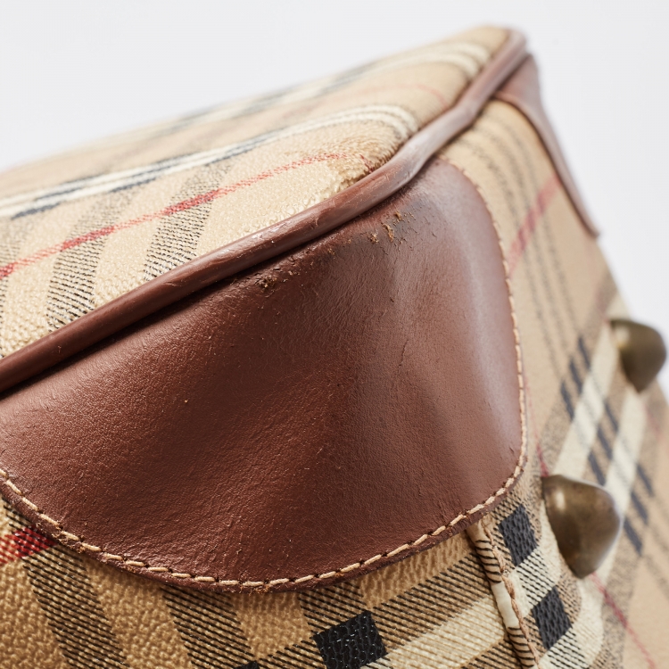 Pre Owned Burberry Brown/Beige Haymarket Coated Canvas and Leather Duffle Bag